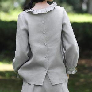 Linen Tunic Top with Ruffle Trimming Collar Women Linen Blouse Button-down Linen Shirt Long Sleeve Top Renaissance Romantic Shirt  F591 8