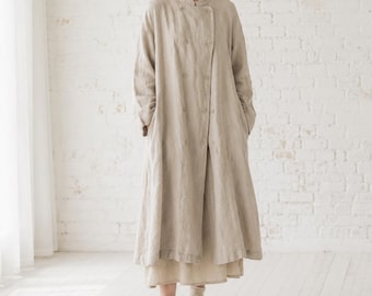 Trench-coat croisé en pur lin : Veste printemps-automne sur mesure avec poches F635
