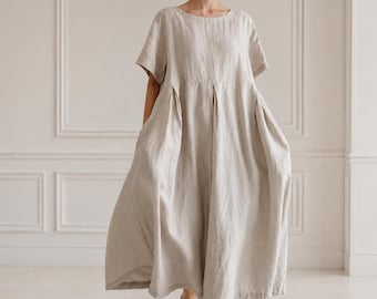 Beige Cotton Linen Maxi Dress: Loose Fit, Short Sleeve, Bohemian Beach Vacation Outfit F627