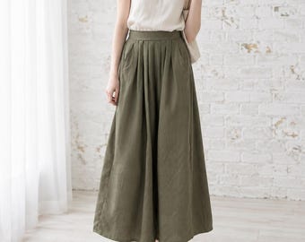 Custom 100% Linen Wide-Leg Pants: Elastic Waist, Pockets, Loose Fit (Plus Size) N314