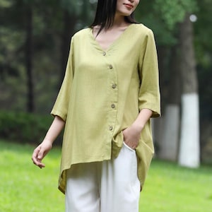 Women&#39;s Cotton Linen Blouse Linen 3/4 Sleeve Top Casual Spring Summer Linen Tops Elegant Loose Fit Linen Shirt Asymmetric Blouse F772