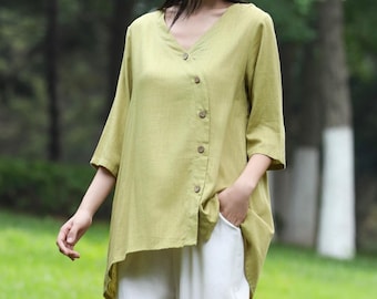 Women's Cotton Linen Blouse Linen 3/4 Sleeve Top Casual Spring Summer Linen Tops Elegant Loose Fit Linen Shirt Asymmetric Blouse F772