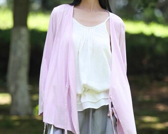 Relaxed Cotton Linen Tops Chinese Inspired Casual Shirt Long Sleeves Linen Wrap Top with Side Tie Oversize Linen Shirt Wrap Blouse F766 8