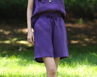 High Waist Linen Shorts for Women Linen Resort Wear Ruffled Band Linen Shorts Linen Beach Shorts with Pocket Linen Lounge Shorts F589 07