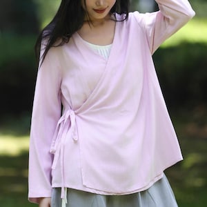 Handmade Linen Wrap Top: V-Neck Cotton-Linen Blend Kimono