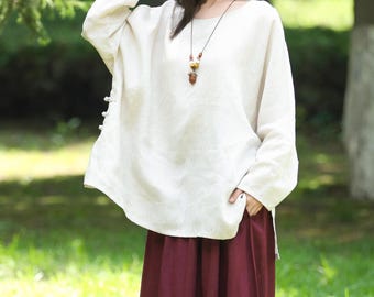 Long Sleeve Loose Fit Blouse Oversized Top Customized Shirt Top Relaxed Fit Linen Top Made to Measure Loose Kimono Linen Tunic Top F647