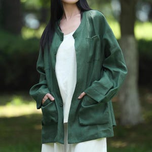 Oversize Linen Jacket with Patch Pockets Plus Size Linen Coat Linen Button Up Shirt Casual Boxy Linen Jacket Handmade Plus Size Shirt F728 8
