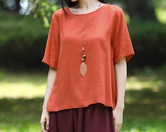 Cotton Linen Short Sleeves Top Basic Linen Blouse Simple Linen Top Round Neck Linen Top Linen Tee Linen Loose Blouse Plus Size Shirt N267-1