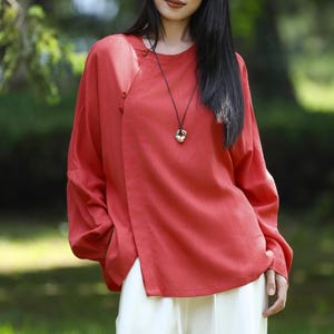 リラックスコットンリネンチュニックトップ、中国風カジュアルシャツ、ゆったりリネンシャツ、長袖シャツ、オーバーサイズリネンシャツ、レディーストップス F636 07