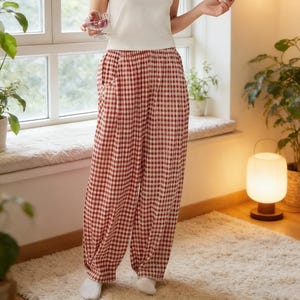 Plaid Pant Cotton Elastic Waist Wide Leg Pant Checkered Trousers Loose Pockets Trousers Soft Homewear Pants Pajama Pants T04