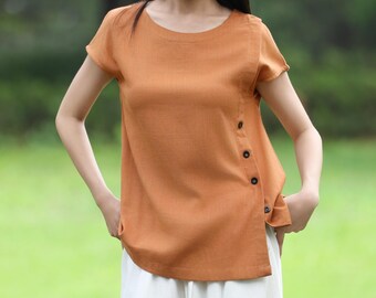 70% Sales/S Size/Tan Color/Short Sleeve Cotton Linen Tops Summer Boat Neck Blouses Women Loose Fit Tops Soft Comfortable Tops F638