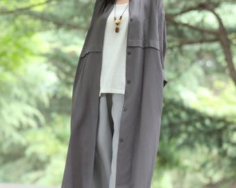 Oversized Linen Midi Coat with Pockets - New Chinese Zen Style F767