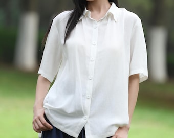 Medium Sleeve Linen Shirt with Collar Casual Button Down Shirt Linen Loose Shirt Soft Romantic Loose Fit Blouse Handmade Linen Shirt F595