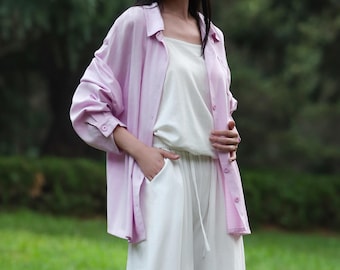 Chemise en lin surdimensionnée Chemises boutonnées en lin minimalistes, coupe décontractée, chemise à épaules tombantes, douce et romantique chemisier ample F779