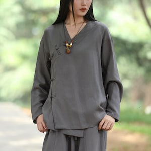 Lässige Leinen Tunika Top: Chinesisch Inspirierte Stehkragen Bluse F626