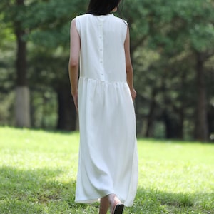 Handmade Linen Maxi Dress: Sleeveless White Sundress with Pockets