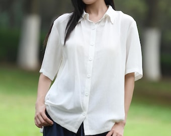 Linen Button Down Shirt Relaxed Fit Short Sleeve Tops Womens Summer Linen Shirts Custom Handmade Shirt F595
