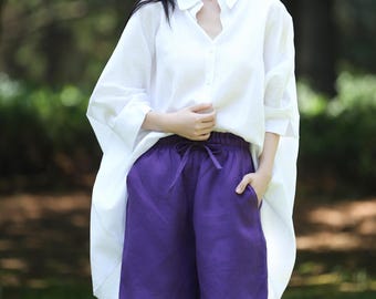 Oversized 100% Linen Shirt Linen Collar Shirt Woman Long Shirt Drop Shoulder White Linen Shirt Handmade Boyfriend Linen Shirt F612