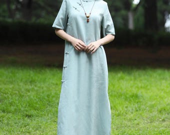 100% Linnen Cheongsam Jurk Vintage Stijl Qipao Gemodificeerde Chinese Kostuum Casual Losse Gewaden Jurk Handgemaakte Halve Mouwen Midi Jurk F650