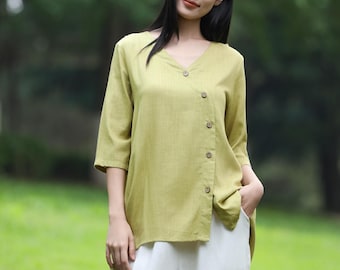 Women's Cotton Linen 3/4 Sleeve Top Casual Spring Summer Soft Relaxed Fit Button-Down Blouse Asymmetric Blouse F772