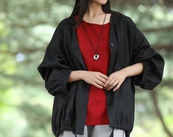100% Linen V-Neck Shirt Relaxed Oversized Linen Blouse Long Sleeve Button-Up Blouse Balloon Sleeves Top For Women Linen Shirt Plus Size F637