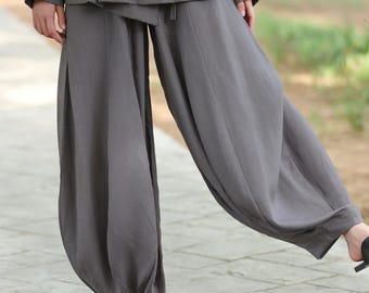 Linen Harem Pants: Vintage Style Balloon Bloomers, Adjustable Waist F564