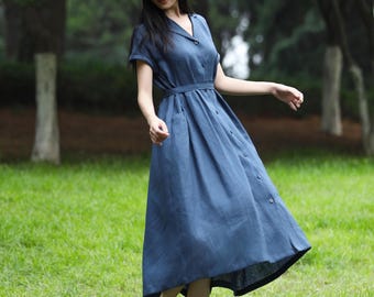 Loose Fit Linen Maxi Shirt Dress 100% Linen Collar Shirt Dress Oversized Linen Blazer with Pockets Loose Fit Cardigan Handmade Dress F597