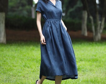 Short Sleeve 100% Linen Shirt Dress with Pockets Functional Buttons Plus Size Clothing F597