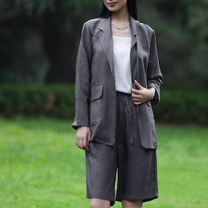Jaqueta clássica de linho, blazer de linho, jaqueta com bolso de linho para mulheres, casaco de linho grande, cardigã de linho plus size, jaqueta de terno de linho F633