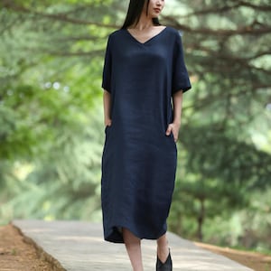 Classic Half Sleeves Linen Dress Relaxed Fit Linen V-Neck Dress with Pockets Minimalist Handmade Dress Loose Fit Linen Tunic Dress F732 8