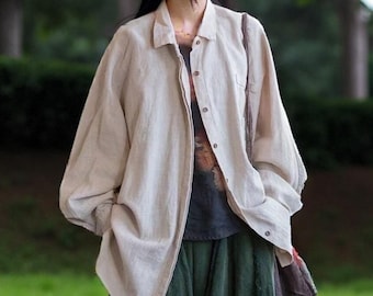 Top da donna in cotone e lino a maniche lunghe, camicetta casual ampia, camicia classica oversize, cardigan taglie forti T25