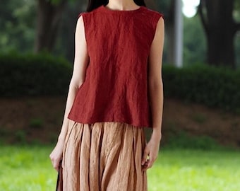 Handgefertigtes Ärmelloses Leinen Top - Minimalistische Trapez Bluse F593