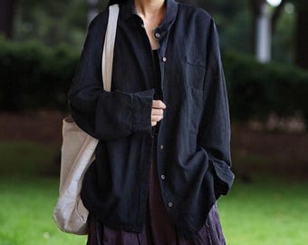 Camicetta da donna a maniche lunghe in cotone e lino, ampia e casual T26