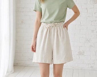 High Waist Linen Shorts with Ruffled Drawstring Waist – Resort Beach Lounge Wear F589