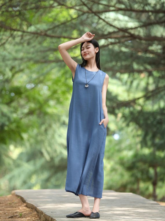 casual ankle length dress Sleeveless Round Neck Linen Cotton Maxi Linen Dress With Pockets Minimalist Above Dress With Back Slit F735 8 slim fit silhouette 90s Disco Outfit Female Color:Full Pearl when such fabrics are