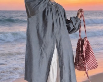 Lantern Sleeve Cotton Shirt Dress Oversized Button Down Midi Shirt Loose Dress Knee Blouse Plus Size Shirt Dress T06