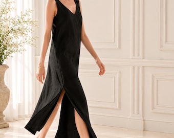 Sleeveless Linen Cotton Maxi Dress: Minimalist Boho Summer Sundress F602