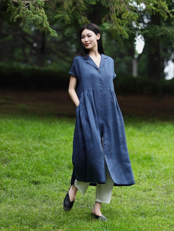 shirt dress loose fit 100% Linen Shirt Dress for Women A-line Button Down Long Sleeve Loose Tunic Dress Relaxed Fit Minimalist Summer Outfit Collared Dress