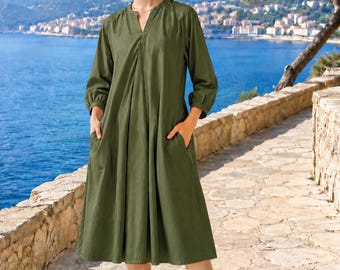 Pure Linen Midi Dress: Split Neck, 3/4 Sleeve, Pockets, Loose Boho Tunic F791