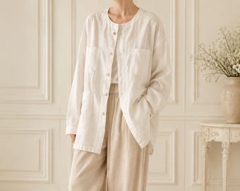 Women Linen Utility Shirt Jacket Button Down Loose Linen Shirt Lightweight Casual Outerwear Women’s Linen Blouse with Pockets F728