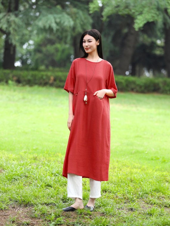 crew neck boho dress Linen Cotton Loose Round Dress With Pockets Soft Casual Custom Oversized Dress Handmade Dress Plus Size Dress F736 La Femme Lace-Sleeve Long sizechart-off-shoulder-maxi-dress-with-sleeves-waist Its effortless silhouette makes COLOR:Black