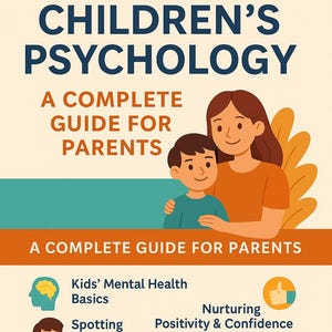 Könnte beinhalten: Buchcover "Kinderpsychologie: Ein vollständiger Ratgeber für Eltern". Das Bild zeigt eine Mutter und ein Kind, mit Symbolen und Text zu psychischer Gesundheit, Verhaltensänderungen und Geburtsfehlern. Sofortiger Download verfügbar.
