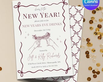 May include: A double-sided New Year's Eve invitation with a cream background and claret accents. The front features the text "cheers to the NEW YEAR!" and event details. The back has a repeating bow pattern. Includes the text "2 sided, instant access!"