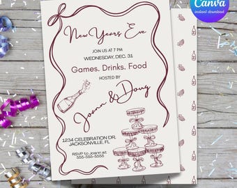 May include: An off-white New Year's Eve invitation with burgundy text and illustrations. The design includes the text "New Years Eve", event details, and RSVP information. The invitation features a champagne bottle and stacked dessert stands.