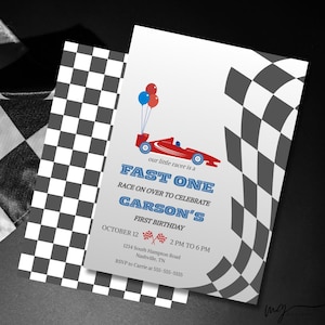 Fast One Racing Birthday Invitation: Red & Blue Race Car Theme (Canva Template, Digital Download)