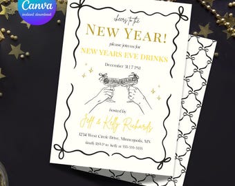 May include: New Year's Eve invitation with gold and black detailing. The invitation includes the text "Cheers to the New Year!" and event details. The design features a black border and a decorative pattern on the back.