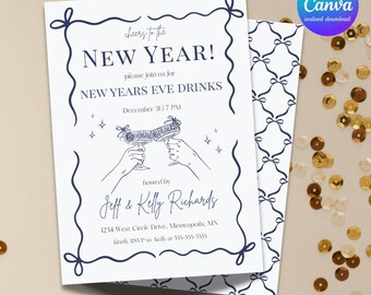 May include: A double-sided New Year's Eve invitation with a navy blue and white design. The front features the text "Cheers to the New Year!" and event details. The back has a repeating pattern. Includes a Canva template for instant download.
