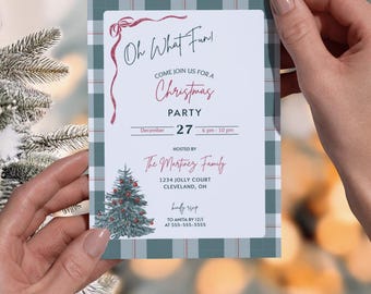 May include: A Christmas party invitation with a green and white check border. The invitation includes the text "Oh What Fun!" and details for a Christmas party on December 27th. A Christmas tree illustration is at the bottom.