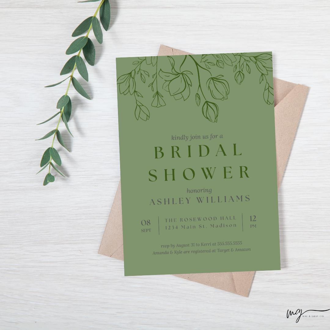 Green Magnolia Bridal Shower Invitation | Monochrome Floral