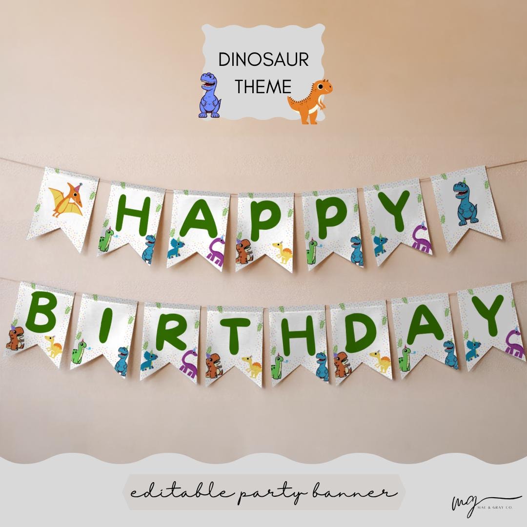 Dinosaur Birthday Banner: Editable Dino Party Decor (ages 1-4, Canva ...